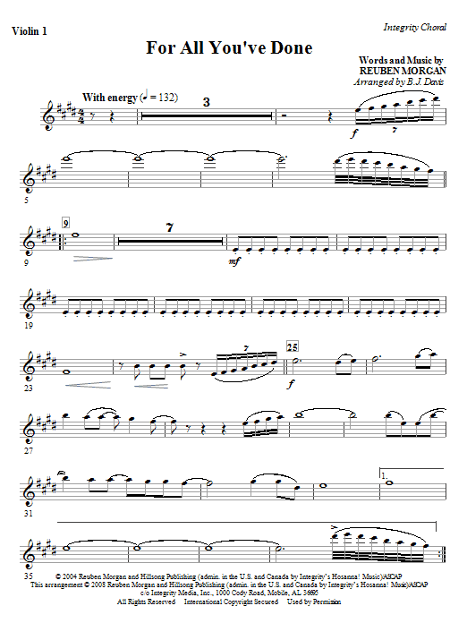 Learn to play BJ Davis For All You've Done - Violin 2 sheet music for Choir Instrumental Pak in minutes. BJ Davis For All You've Done - Violin 2 sheet music notes and chords. Download Printable PDF.