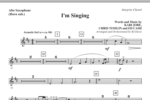Learn to play BJ Davis I'm Singing - Alto Sax (Horn sub.) sheet music for Choir Instrumental Pak in minutes. BJ Davis I'm Singing - Alto Sax (Horn sub.) sheet music notes and chords. Download Printable PDF.