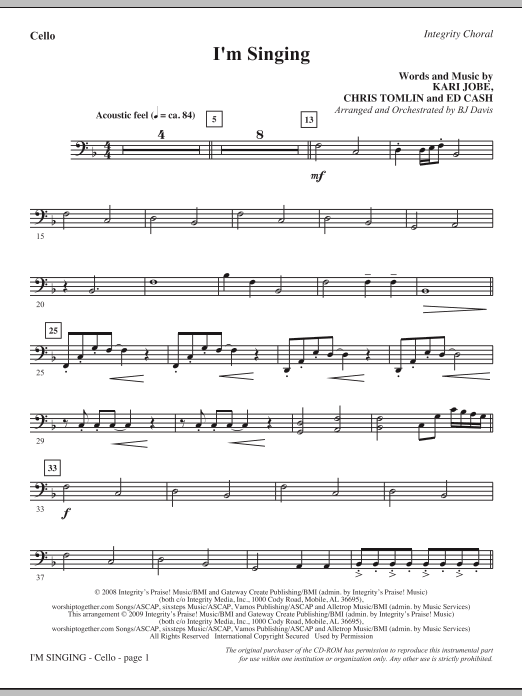 Learn to play BJ Davis I'm Singing - Cello sheet music for Choir Instrumental Pak in minutes. BJ Davis I'm Singing - Cello sheet music notes and chords. Download Printable PDF.