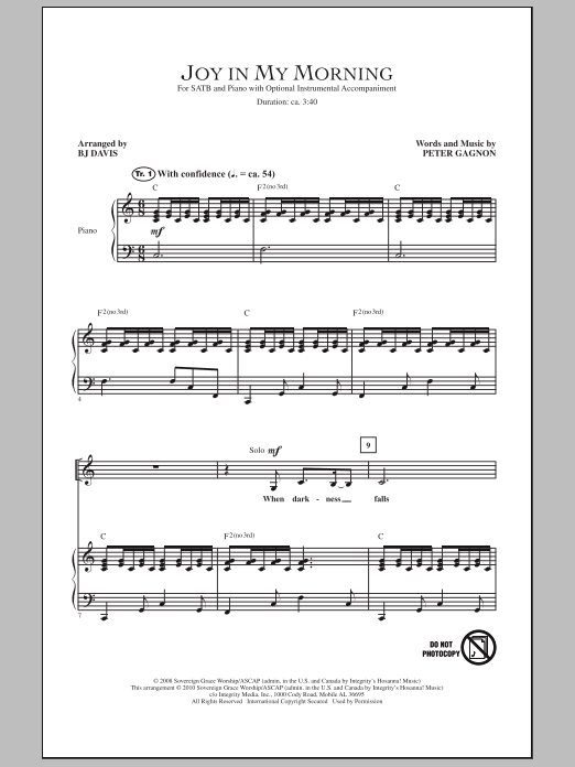 Learn to play BJ Davis Joy In My Morning sheet music for SATB Choir in minutes. Price: 3.9900$ BJ Davis Joy In My Morning sheet music notes and chords arranged for SATB Choir