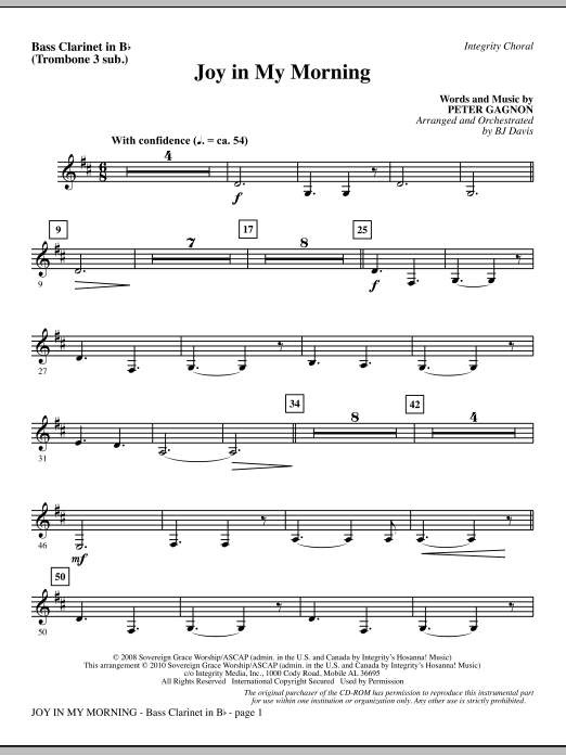 Learn to play BJ Davis Joy In My Morning - Bass Clarinet (Trombone 3 sub) sheet music for Choir Instrumental Pak in minutes. BJ Davis Joy In My Morning - Bass Clarinet (Trombone 3 sub) sheet music notes and chords. Download Printable PDF.