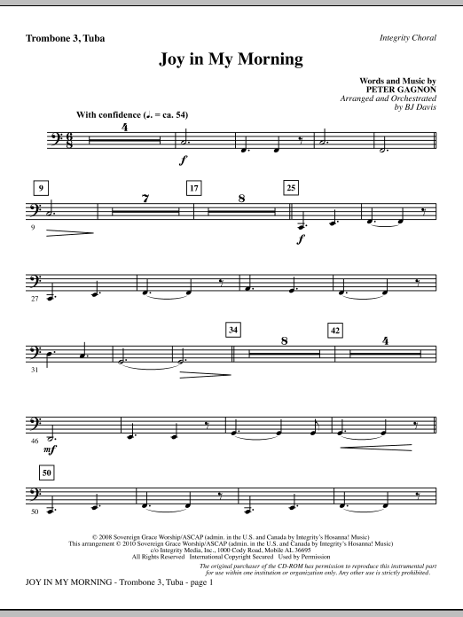 Learn to play BJ Davis Joy In My Morning - Trombone 3/Tuba sheet music for Choir Instrumental Pak in minutes. BJ Davis Joy In My Morning - Trombone 3/Tuba sheet music notes and chords. Download Printable PDF.
