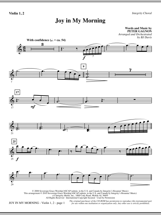 Learn to play BJ Davis Joy In My Morning - Violin 1, 2 sheet music for Choir Instrumental Pak in minutes. BJ Davis Joy In My Morning - Violin 1, 2 sheet music notes and chords. Download Printable PDF.