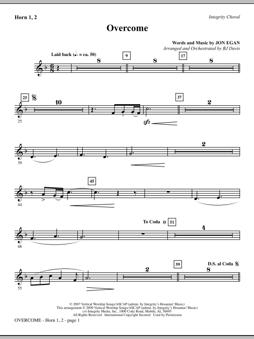 Learn to play BJ Davis Overcome - Horn 1 & 2 sheet music for Choir Instrumental Pak in minutes. BJ Davis Overcome - Horn 1 & 2 sheet music notes and chords. Download Printable PDF.