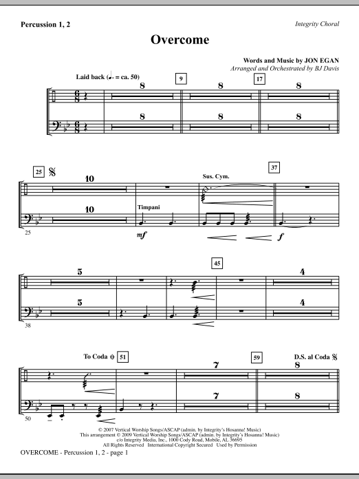 Learn to play BJ Davis Overcome - Percussion 1 & 2 sheet music for Choir Instrumental Pak in minutes. BJ Davis Overcome - Percussion 1 & 2 sheet music notes and chords. Download Printable PDF.