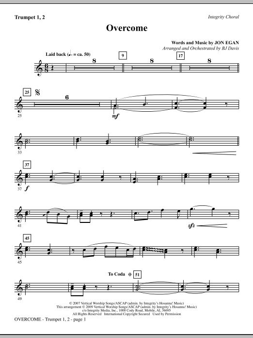 Learn to play BJ Davis Overcome - Trumpets 1 & 2 sheet music for Choir Instrumental Pak in minutes. BJ Davis Overcome - Trumpets 1 & 2 sheet music notes and chords. Download Printable PDF.