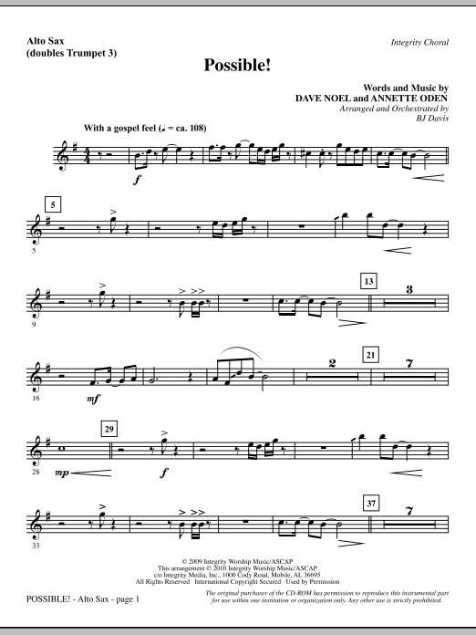 Learn to play BJ Davis Possible! - Alto Sax (sub. Trumpet 3) sheet music for Choir Instrumental Pak in minutes. BJ Davis Possible! - Alto Sax (sub. Trumpet 3) sheet music notes and chords. Download Printable PDF.
