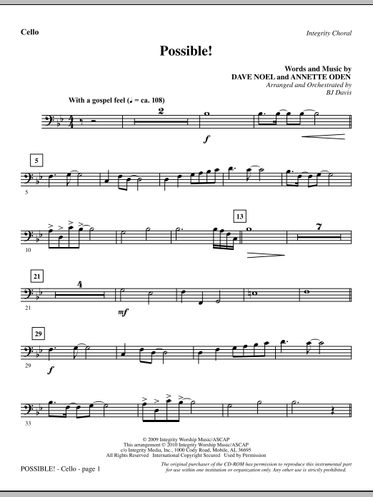 Learn to play BJ Davis Possible! - Cello sheet music for Choir Instrumental Pak in minutes. BJ Davis Possible! - Cello sheet music notes and chords. Download Printable PDF.