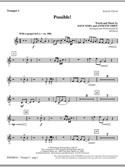 Learn to play BJ Davis Possible! - Trumpet 3 sheet music for Choir Instrumental Pak in minutes. BJ Davis Possible! - Trumpet 3 sheet music notes and chords. Download Printable PDF.