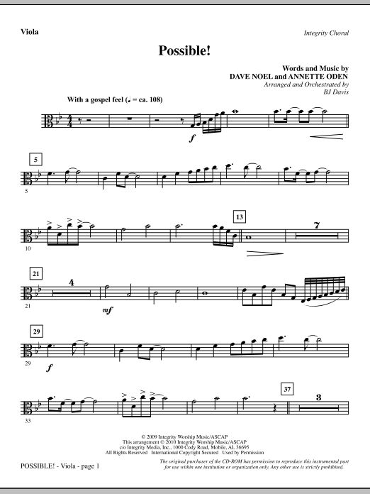 Learn to play BJ Davis Possible! - Viola sheet music for Choir Instrumental Pak in minutes. BJ Davis Possible! - Viola sheet music notes and chords. Download Printable PDF.