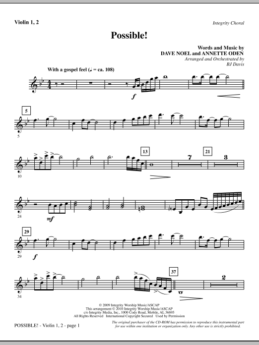 Learn to play BJ Davis Possible! - Violin 1, 2 sheet music for Choir Instrumental Pak in minutes. BJ Davis Possible! - Violin 1, 2 sheet music notes and chords. Download Printable PDF.