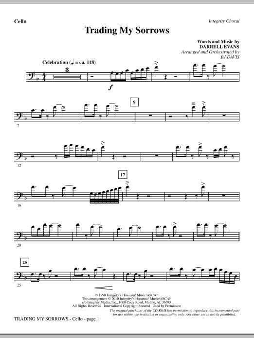 BJ Davis "Trading My Sorrows Cello" Sheet Music PDF
