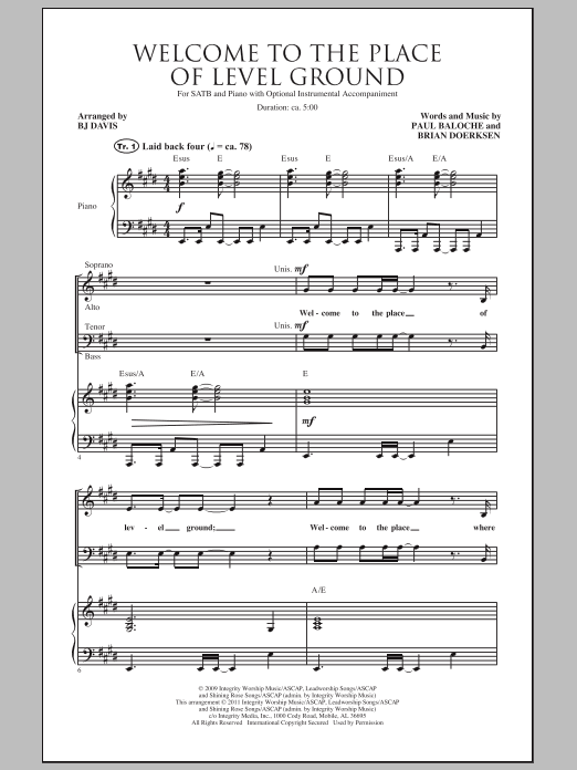 Learn to play BJ Davis Welcome To The Place Of Level Ground sheet music for SATB Choir in minutes. Price: 3.9900$ BJ Davis Welcome To The Place Of Level Ground sheet music notes and chords arranged for SATB Choir