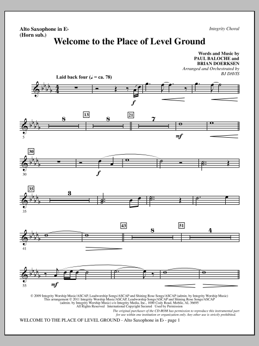 Learn to play BJ Davis Welcome To The Place Of Level Ground - Alto Sax (sub. Horn) sheet music for Choir Instrumental Pak in minutes. Price: 8.9900$ BJ Davis Welcome To The Place Of Level Ground - Alto Sax (sub. Horn) sheet music notes and chords arranged for Choir Instrumental Pak