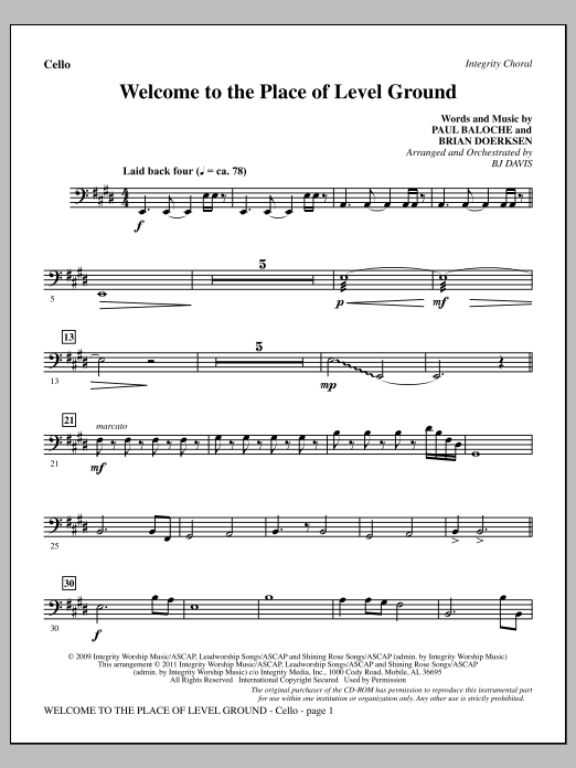 Learn to play BJ Davis Welcome To The Place Of Level Ground - Cello sheet music for Choir Instrumental Pak in minutes. Price: 8.9900$ BJ Davis Welcome To The Place Of Level Ground - Cello sheet music notes and chords arranged for Choir Instrumental Pak