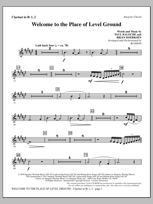 Learn to play BJ Davis Welcome To The Place Of Level Ground - Clarinet 1 & 2 sheet music for Choir Instrumental Pak in minutes. Price: 8.9900$ BJ Davis Welcome To The Place Of Level Ground - Clarinet 1 & 2 sheet music notes and chords arranged for Choir Instrumental Pak