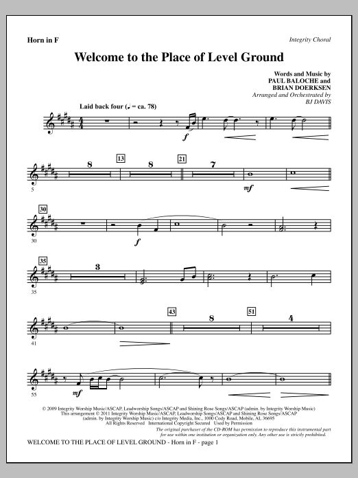 Learn to play BJ Davis Welcome To The Place Of Level Ground - F Horn sheet music for Choir Instrumental Pak in minutes. Price: 8.9900$ BJ Davis Welcome To The Place Of Level Ground - F Horn sheet music notes and chords arranged for Choir Instrumental Pak