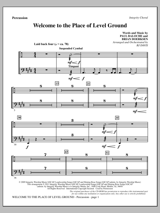 Learn to play BJ Davis Welcome To The Place Of Level Ground - Percussion sheet music for Choir Instrumental Pak in minutes. Price: 8.9900$ BJ Davis Welcome To The Place Of Level Ground - Percussion sheet music notes and chords arranged for Choir Instrumental Pak