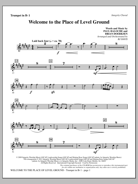 Learn to play BJ Davis Welcome To The Place Of Level Ground - Trumpet 1 sheet music for Choir Instrumental Pak in minutes. Price: 8.9900$ BJ Davis Welcome To The Place Of Level Ground - Trumpet 1 sheet music notes and chords arranged for Choir Instrumental Pak