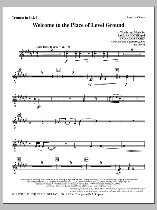 Learn to play BJ Davis Welcome To The Place Of Level Ground - Trumpet 2 & 3 sheet music for Choir Instrumental Pak in minutes. Price: 8.9900$ BJ Davis Welcome To The Place Of Level Ground - Trumpet 2 & 3 sheet music notes and chords arranged for Choir Instrumental Pak