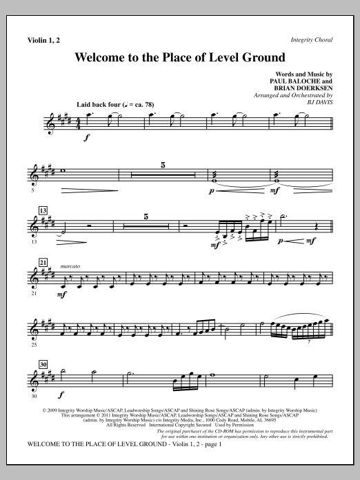 Learn to play BJ Davis Welcome To The Place Of Level Ground - Violin 1, 2 sheet music for Choir Instrumental Pak in minutes. Price: 8.9900$ BJ Davis Welcome To The Place Of Level Ground - Violin 1, 2 sheet music notes and chords arranged for Choir Instrumental Pak