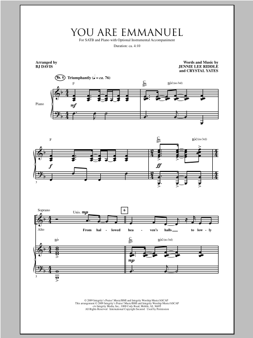 BJ Davis You Are Emmanuel sheet music notes and chords arranged for SATB Choir