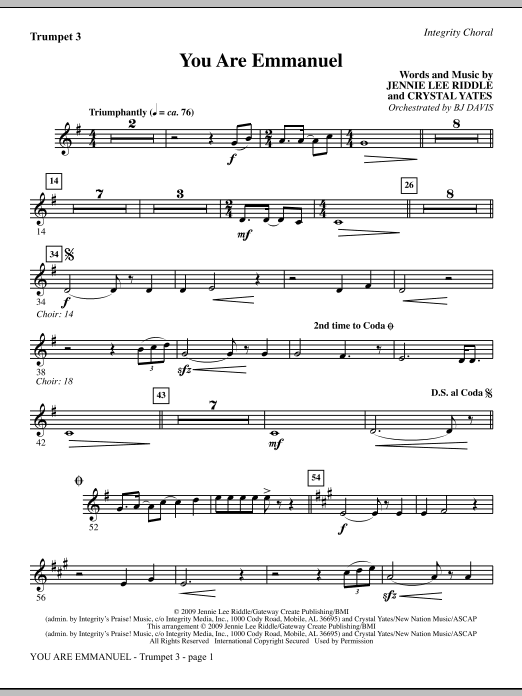 Learn to play BJ Davis You Are Emmanuel - Bb Trumpet 3 sheet music for Choir Instrumental Pak in minutes. BJ Davis You Are Emmanuel - Bb Trumpet 3 sheet music notes and chords. Download Printable PDF.