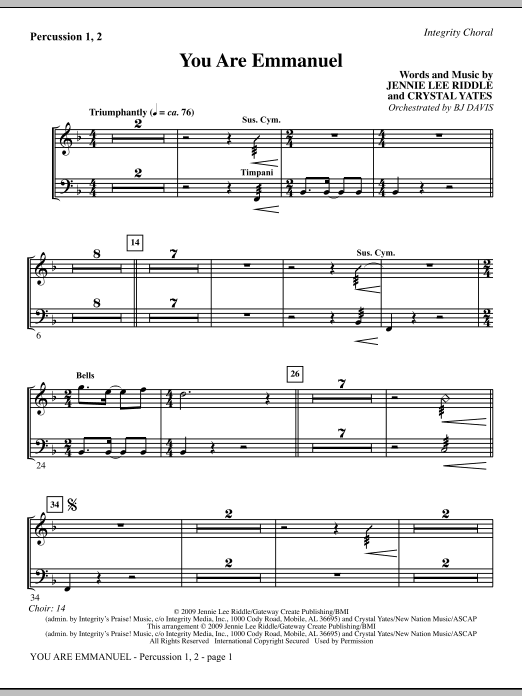Learn to play BJ Davis You Are Emmanuel - Percussion 1 & 2 sheet music for Choir Instrumental Pak in minutes. BJ Davis You Are Emmanuel - Percussion 1 & 2 sheet music notes and chords. Download Printable PDF.