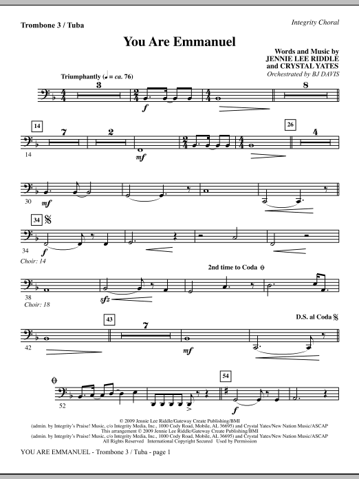 Learn to play BJ Davis You Are Emmanuel - Trombone 3/Tuba sheet music for Choir Instrumental Pak in minutes. BJ Davis You Are Emmanuel - Trombone 3/Tuba sheet music notes and chords. Download Printable PDF.