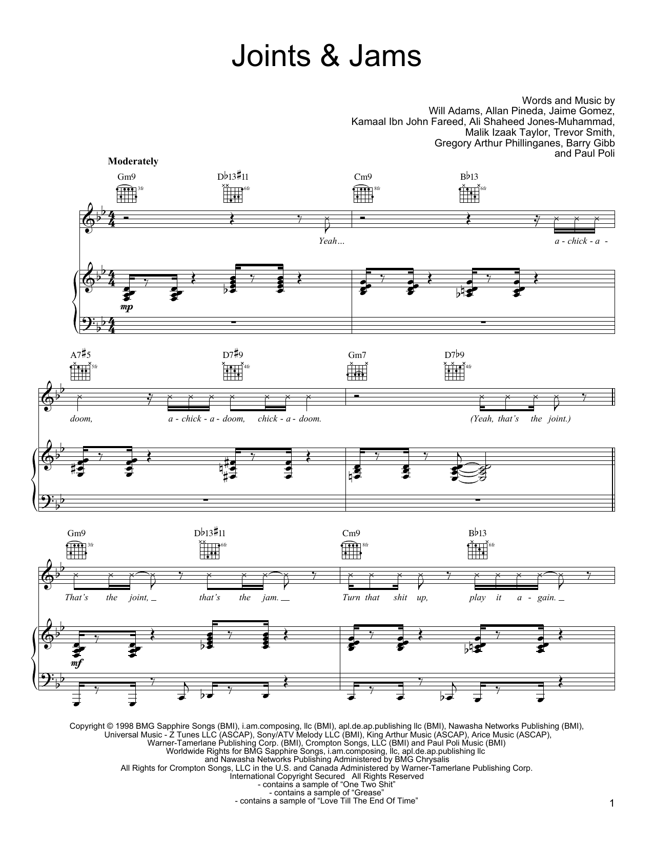 Learn to play Black Eyed Peas Joints & Jams sheet music for Piano, Vocal & Guitar Chords (Right-Hand Melody) in minutes. Price: 7.8900$ Black Eyed Peas Joints & Jams sheet music notes and chords arranged for Piano, Vocal & Guitar Chords (Right-Hand Melody)