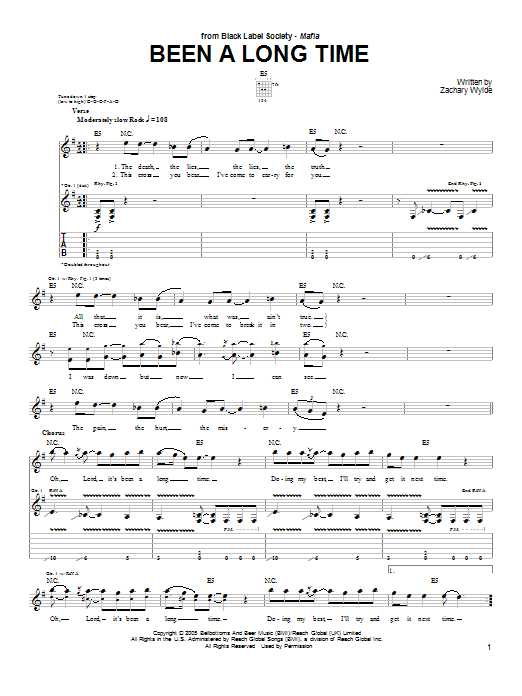 Black Label Society Been A Long Time Sheet Music Pdf Notes Chords Pop Score Guitar Tab Download Printable Sku 65033