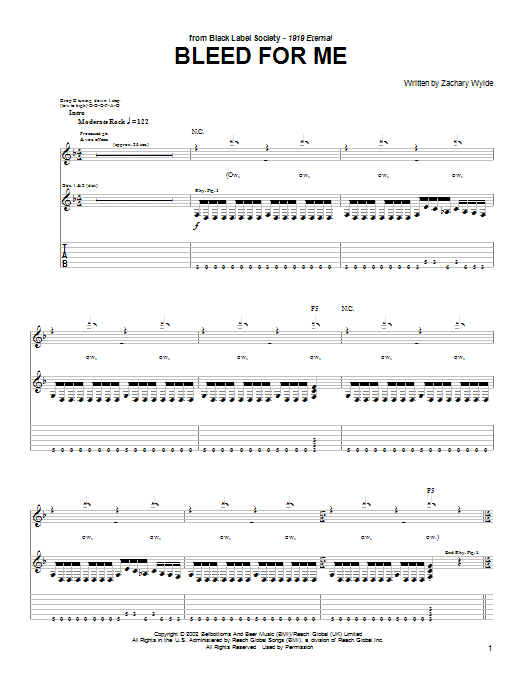 Black Label Society Bleed For Me Sheet Music Notes, Chords | Download Printable Guitar Tab PDF Score - SKU: 65023
