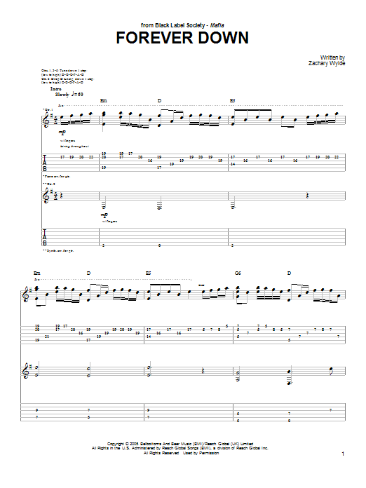 Black Label Society Forever Down Sheet Music Notes, Chords | Download  Printable Guitar Tab PDF Score - SKU: 65027