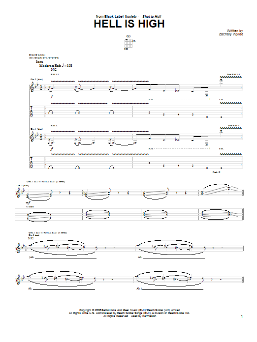 Learn to play Black Label Society Hell Is High sheet music for Guitar Tab in minutes. Price: 7.8900$ Black Label Society Hell Is High sheet music notes and chords arranged for Guitar Tab