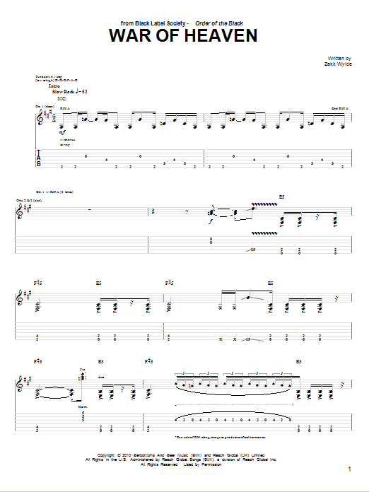 Learn to play Black Label Society War Of Heaven sheet music for Guitar Tab in minutes. Price: 7.8900$ Black Label Society War Of Heaven sheet music notes and chords arranged for Guitar Tab