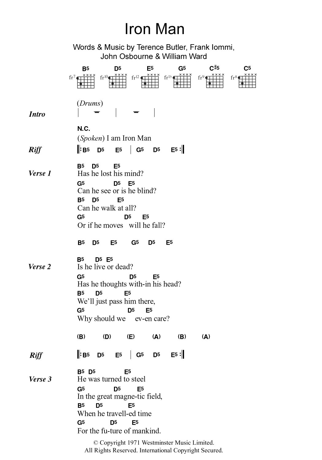 Black Sabbath Iron Man sheet music notes and chords. Download Printable PDF.