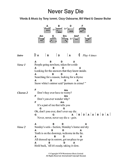 Black Sabbath Never Say Die sheet music notes and chords. Download Printable PDF.