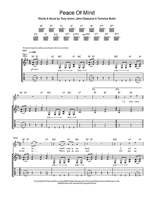 Black Sabbath Peace Of Mind sheet music notes and chords. Download Printable PDF.