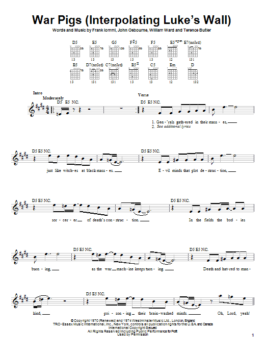 Learn to play Black Sabbath War Pigs (Interpolating Luke's Wall) sheet music for Guitar Tab (Single Guitar) in minutes. Black Sabbath War Pigs (Interpolating Luke's Wall) sheet music notes and chords. Download Printable PDF.