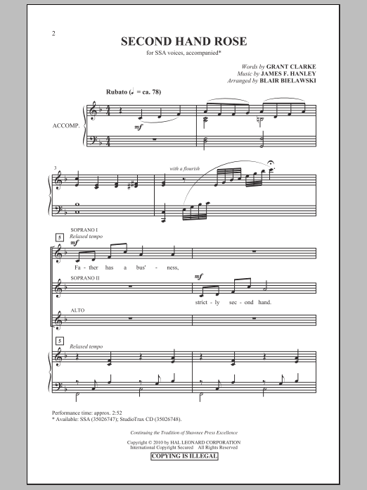 Blair Bielawski Second Hand Rose sheet music notes and chords arranged for SSA Choir