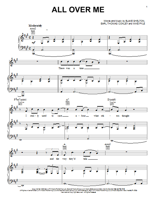 Blake Shelton All Over Me sheet music notes and chords. Download Printable PDF.