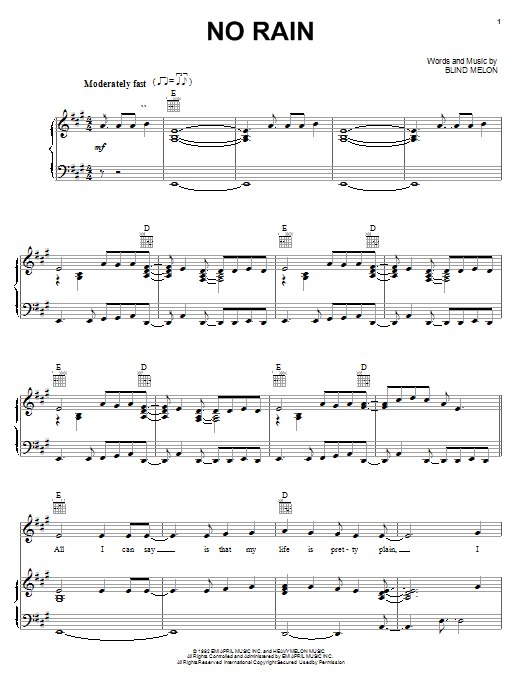 Blind Melon No Rain sheet music notes and chords. Download Printable PDF.