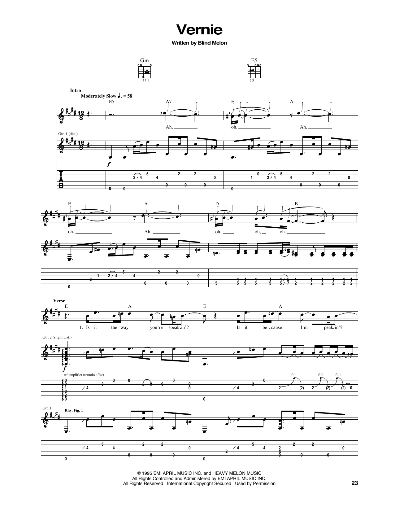 Blind Melon Vernie sheet music notes and chords. Download Printable PDF.