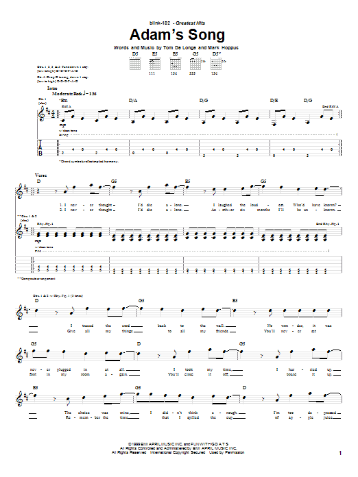 Learn to play Blink-182 Adam's Song sheet music for Guitar Tab in minutes. Blink-182 Adam's Song sheet music notes and chords. Download Printable PDF.