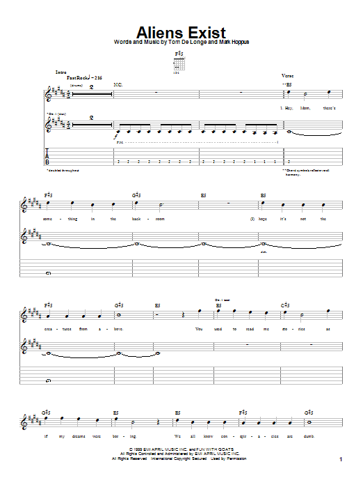 Blink-182 Aliens Exist sheet music notes and chords. Download Printable PDF.