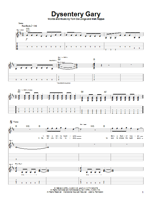 Blink-182 Dysentery Gary sheet music notes and chords. Download Printable PDF.