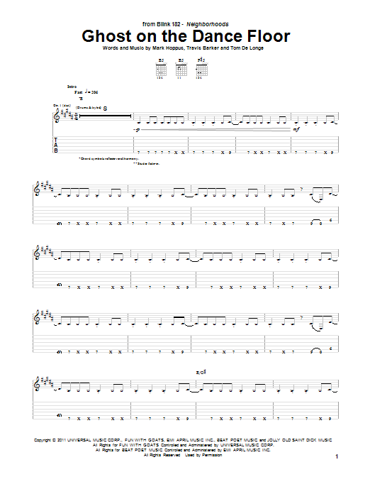 Blink 182 Ghost On The Dance Floor Sheet Music Notes Chords Download Printable Guitar Tab Sku 88032