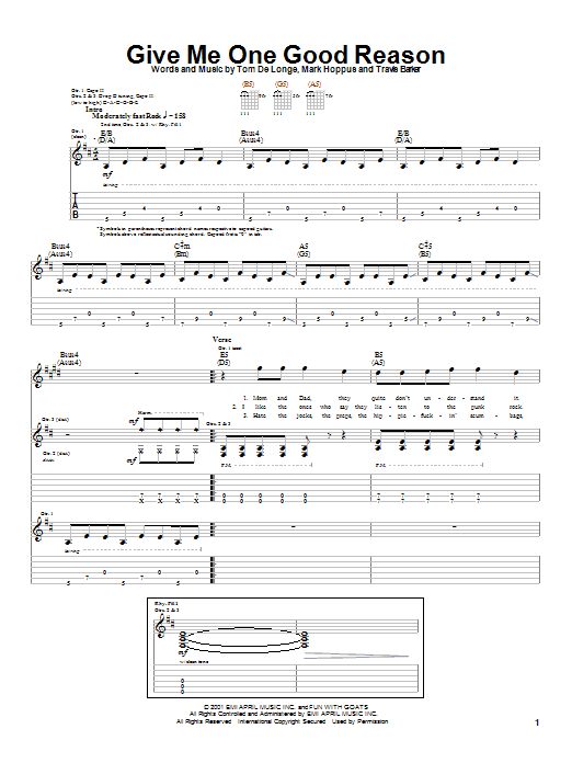 Blink-182 Give Me One Good Reason sheet music notes and chords. Download Printable PDF.