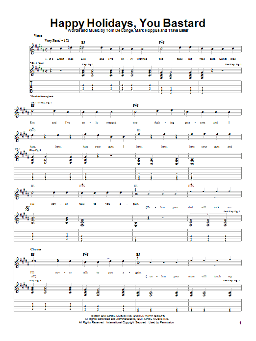 Learn to play Blink-182 Happy Holidays, You Bastard sheet music for Guitar Tab in minutes. Blink-182 Happy Holidays, You Bastard sheet music notes and chords. Download Printable PDF.