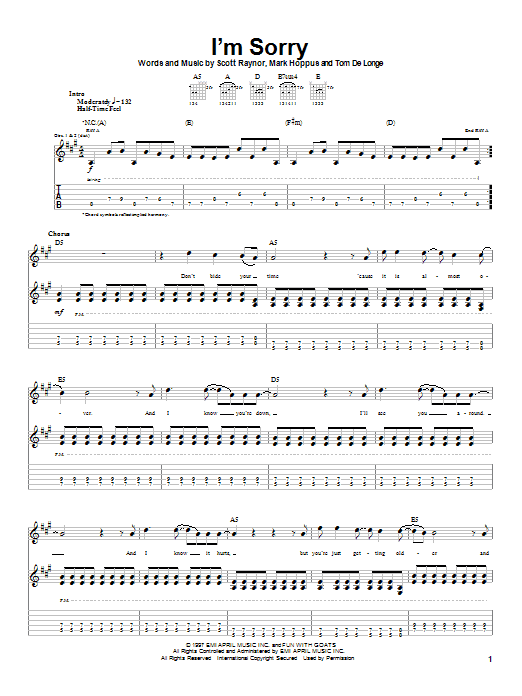 Blink-182 I'm Sorry sheet music notes and chords. Download Printable PDF.